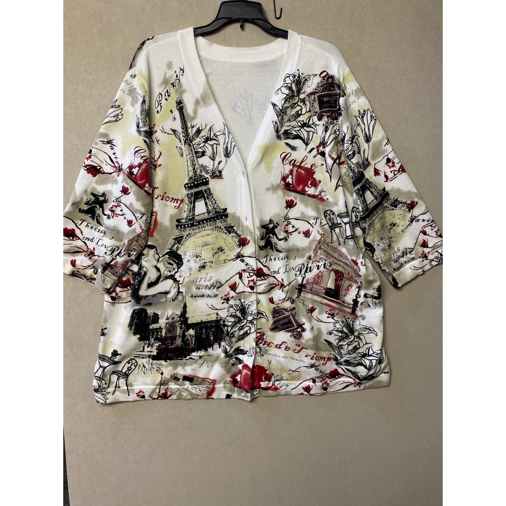 Womens Paris Novelty Print Cardigan Eiffel Tower Rhinestone Button White Red 3X